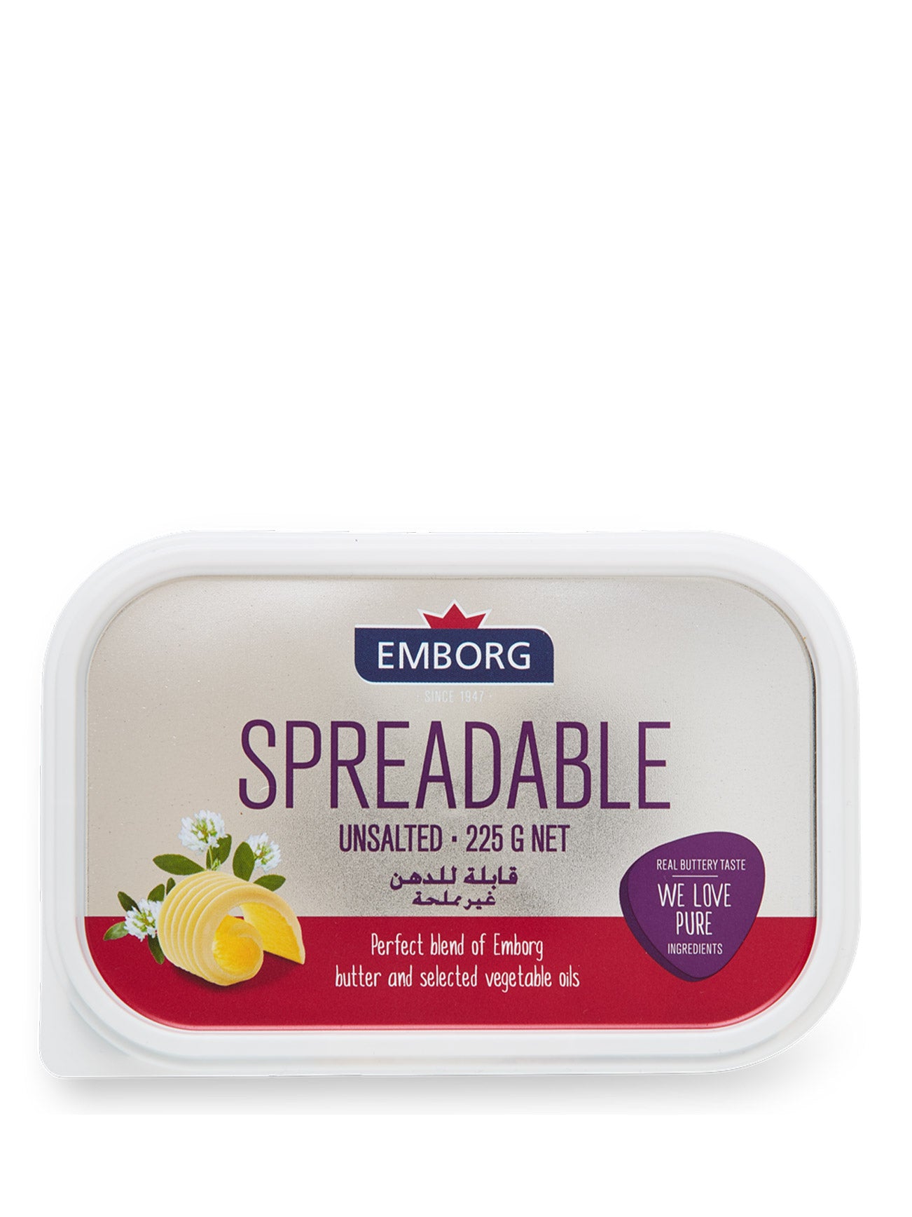 EMBORG SPREADABLE BUTTER UNSALTED 225G